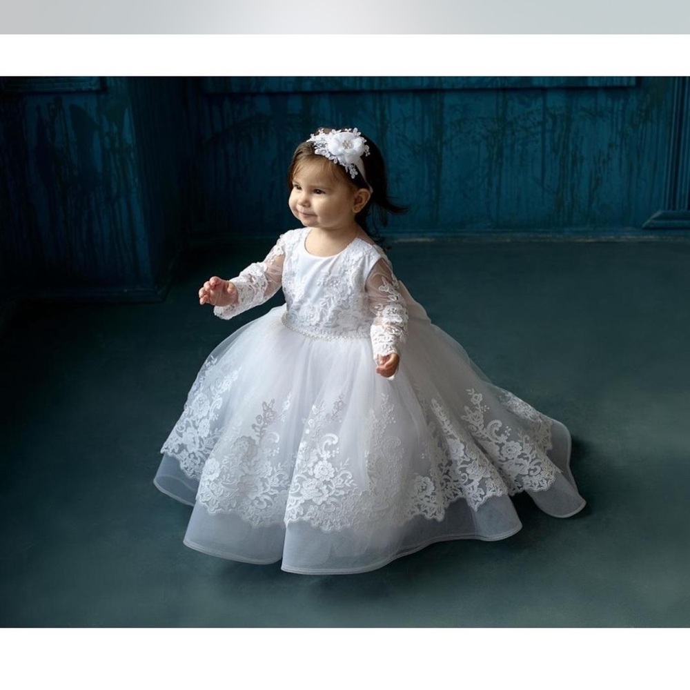 White Toddler Baptism Dress with Train